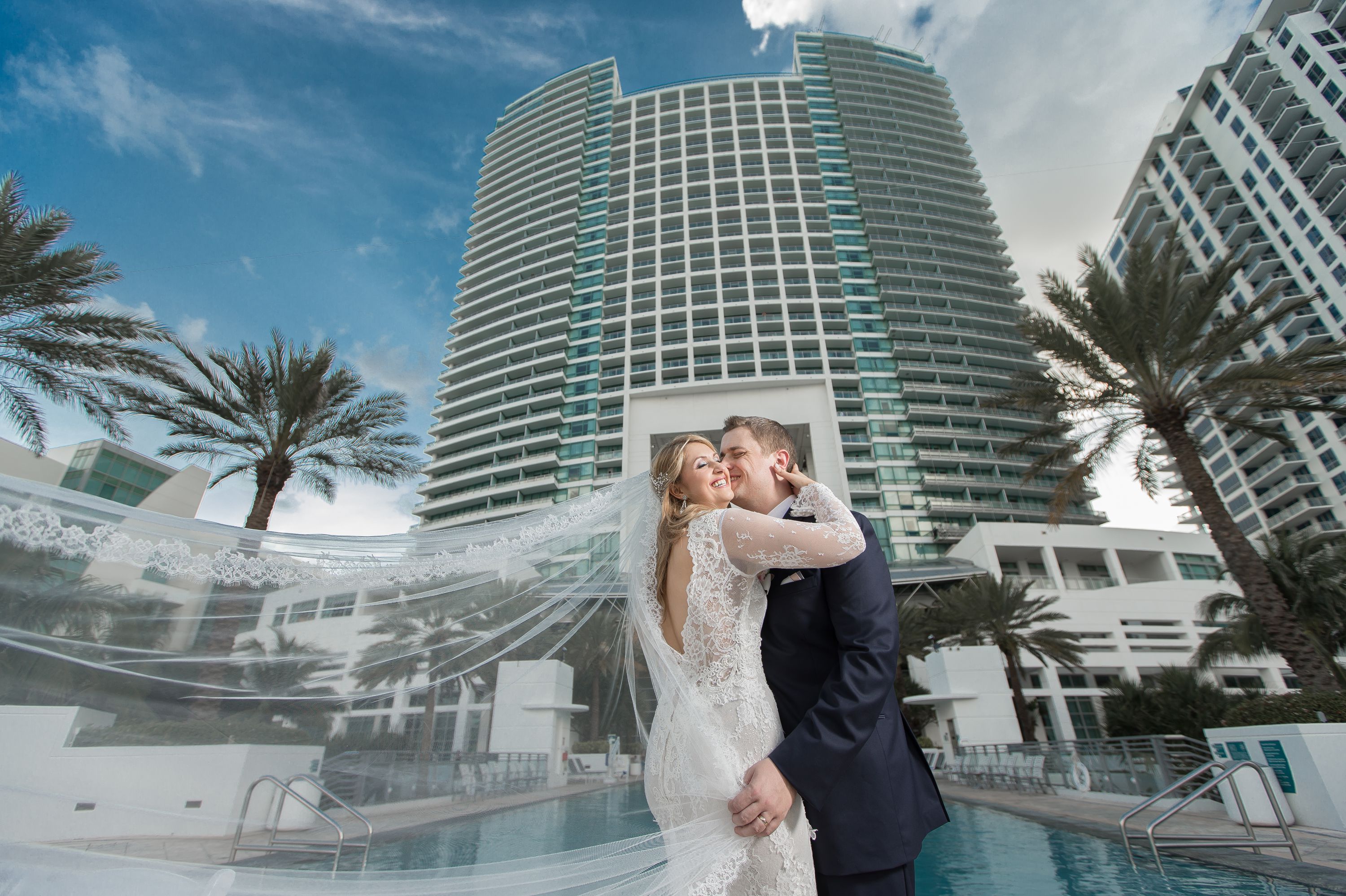 A styled photo of bride and groom at a Diplomat Beach Resort Wedding