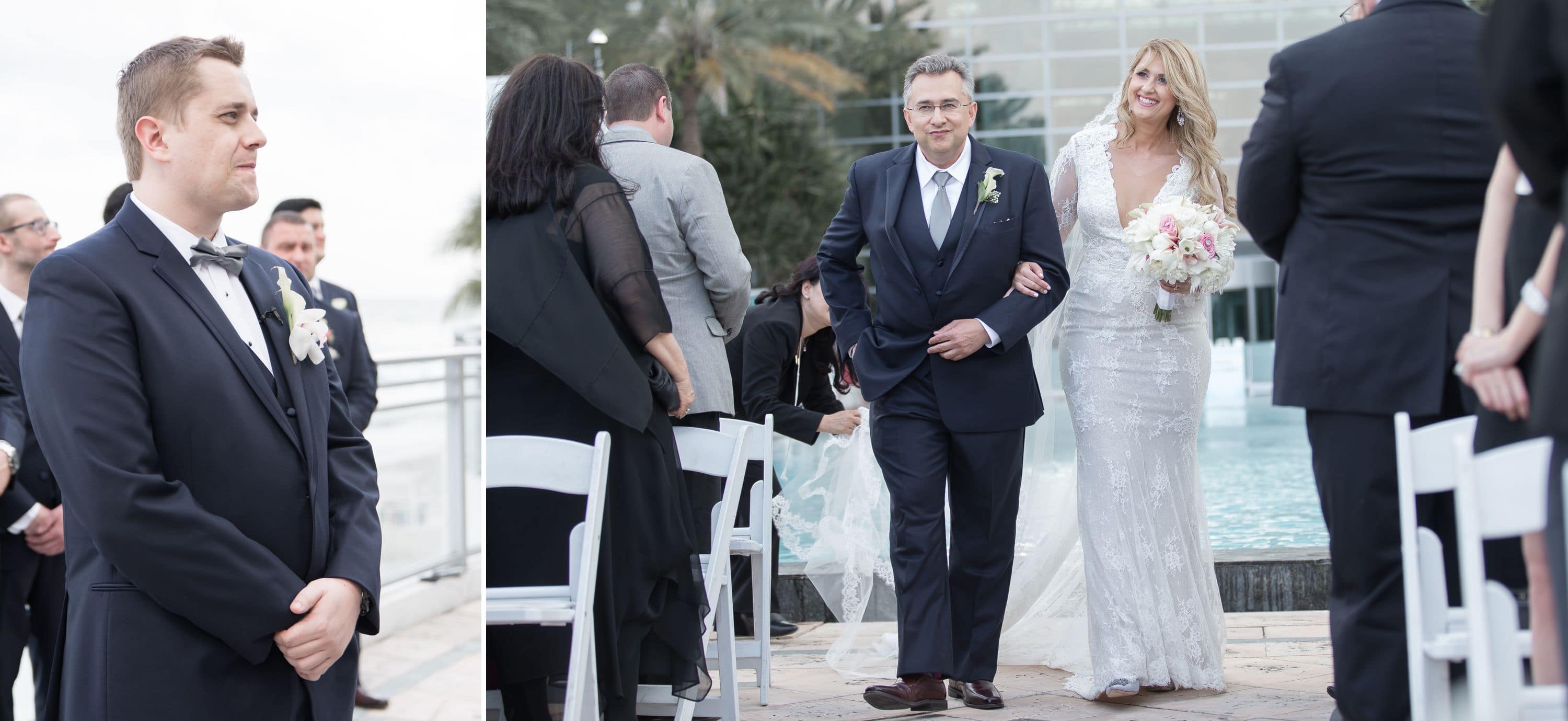 Bride comes down the isle and grooms reaction at this Diplomat Beach Resort Wedding