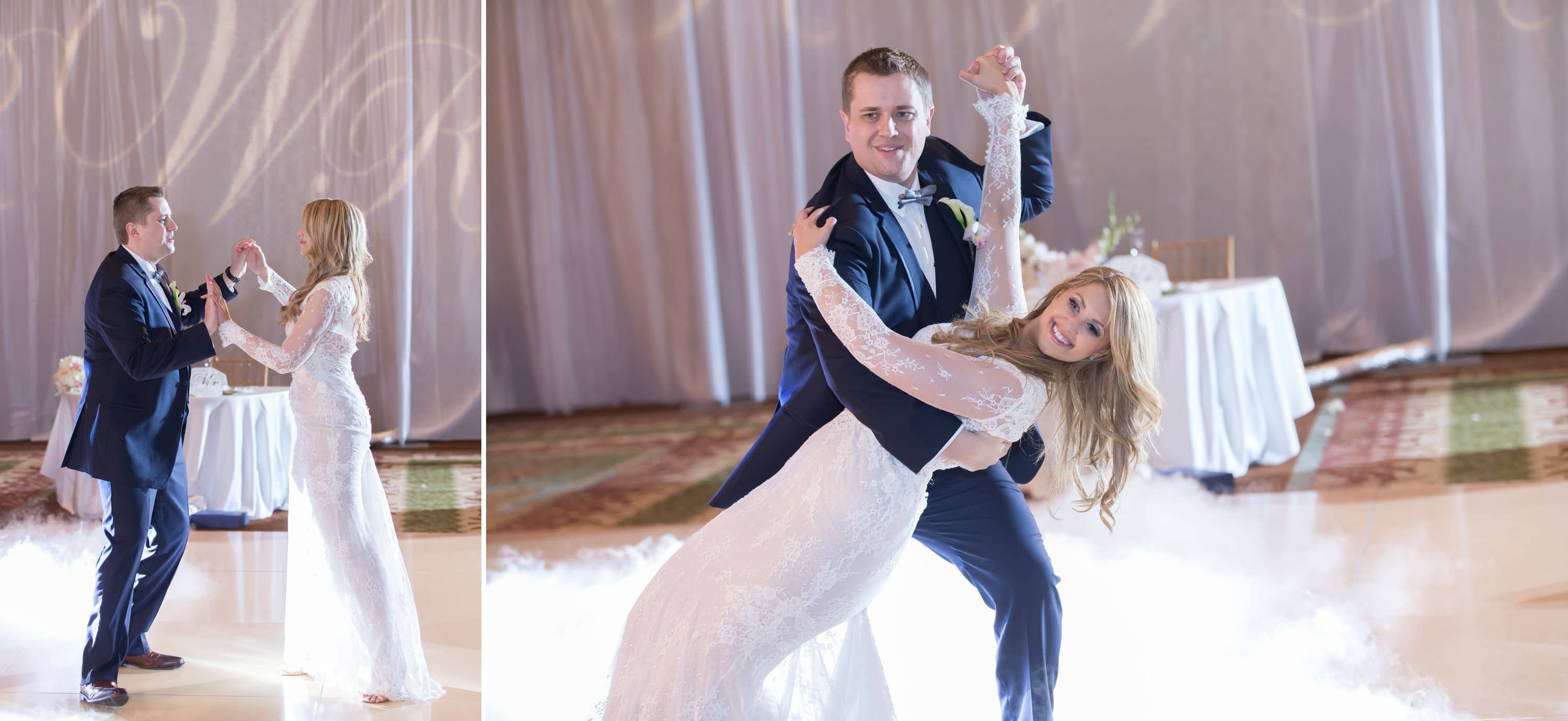 Groom dipping bride during the first dance at a Diplomat Beach Resort Wedding